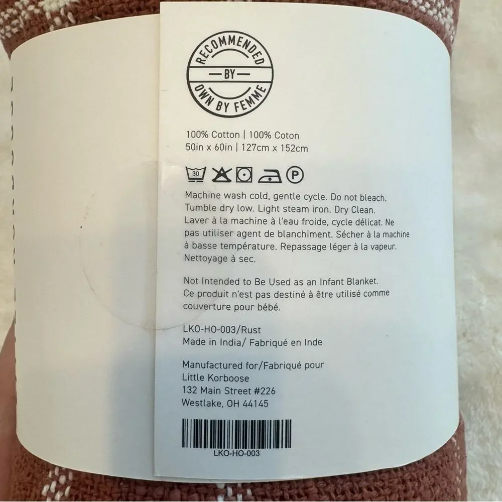 NWT Little Korboose 100% Cotton 50x60 Rust Orange Plaid Woven Knit Throw Blanket